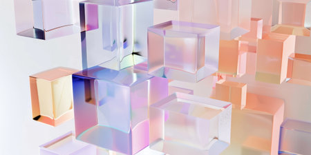 Transparent Cubes Squares Peach Violet Background 3D Render Geometric Abstractの素材