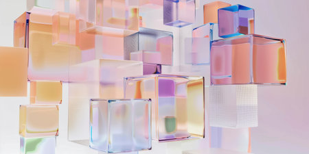 Transparent Cubes Squares Peach Violet Background 3D Render Geometric Abstractの素材