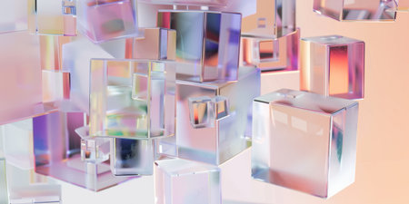 Transparent Cubes Squares Peach Violet Background 3D Render Geometric Abstractの素材
