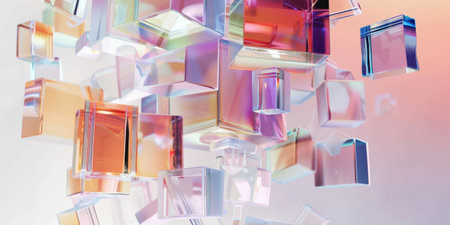 Transparent Cubes Squares Peach Violet Background 3D Render Geometric Abstractの素材