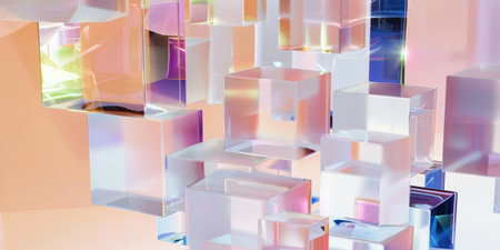 Transparent Cubes Squares Peach Violet Background 3D Render Geometric Abstractの素材