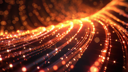 Data Transfer communication tech Light Flares Glowing Lines 3D Rendering Optical Fiber Concept Dark Backgroundの素材