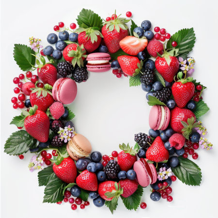 Wreath Strawberries Blueberries Raspberries Macaroons White Backgroundの素材
