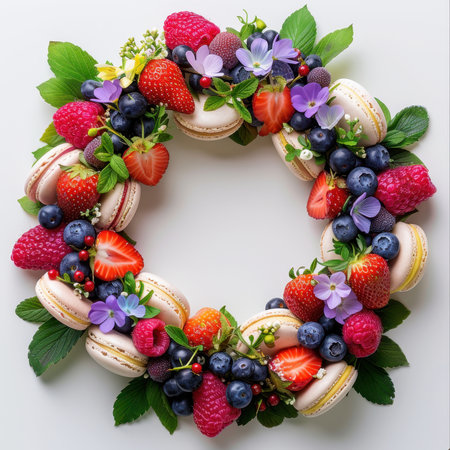 Wreath Strawberries Blueberries Raspberries Macaroons White Backgroundの素材