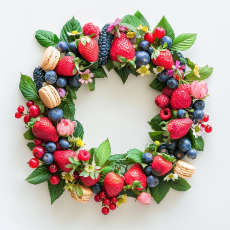 Wreath Strawberries Blueberries Raspberries Macaroons White Backgroundの素材