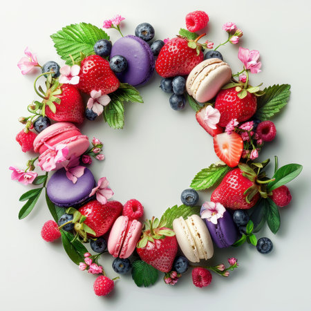 Wreath Strawberries Blueberries Raspberries Macaroons White Backgroundの素材