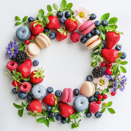 Wreath Strawberries Blueberries Raspberries Macaroons White Backgroundの素材