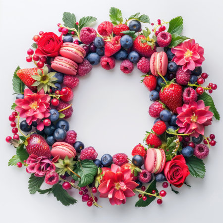 Wreath Strawberries Blueberries Raspberries Macaroons White Backgroundの素材