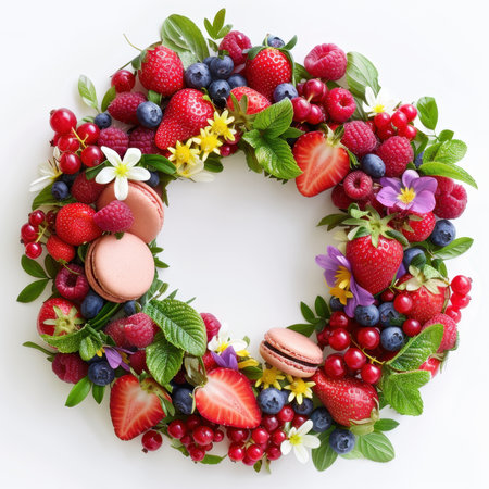 Wreath Strawberries Blueberries Raspberries Macaroons White Backgroundの素材