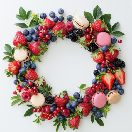 Wreath Strawberries Blueberries Raspberries Macaroons White Backgroundの素材