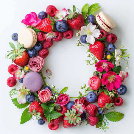 Wreath Strawberries Blueberries Raspberries Macaroons White Backgroundの素材