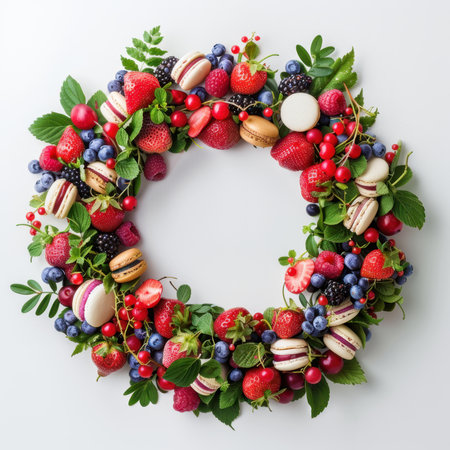 Wreath Strawberries Blueberries Raspberries Macaroons White Backgroundの素材