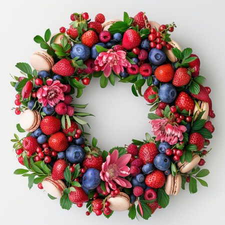 Wreath Strawberries Blueberries Raspberries Macaroons White Backgroundの素材