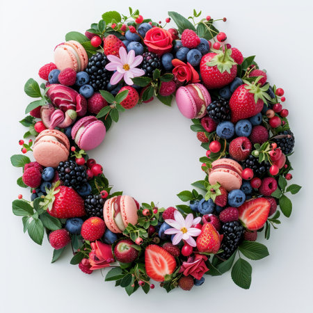 Wreath Strawberries Blueberries Raspberries Macaroons White Backgroundの素材