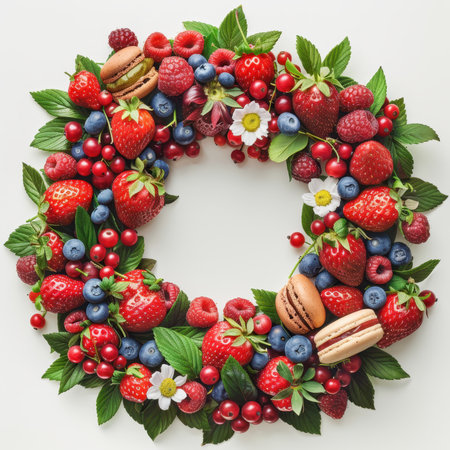 Wreath Strawberries Blueberries Raspberries Macaroons White Backgroundの素材