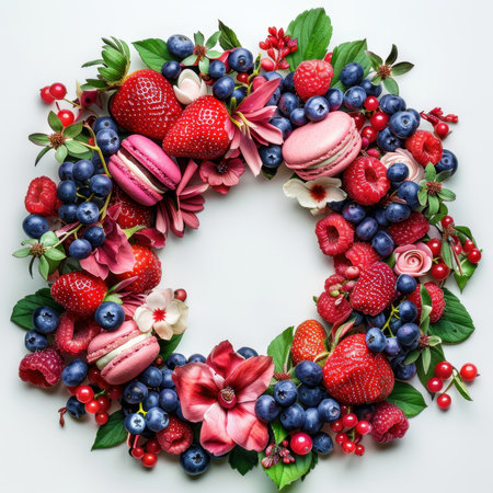 Wreath Strawberries Blueberries Raspberries Macaroons White Backgroundの素材