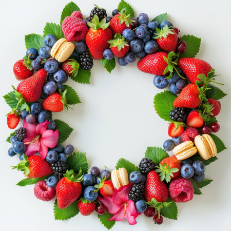 Wreath Strawberries Blueberries Raspberries Macaroons White Backgroundの素材