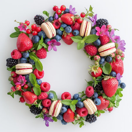 Wreath Strawberries Blueberries Raspberries Macaroons White Backgroundの素材