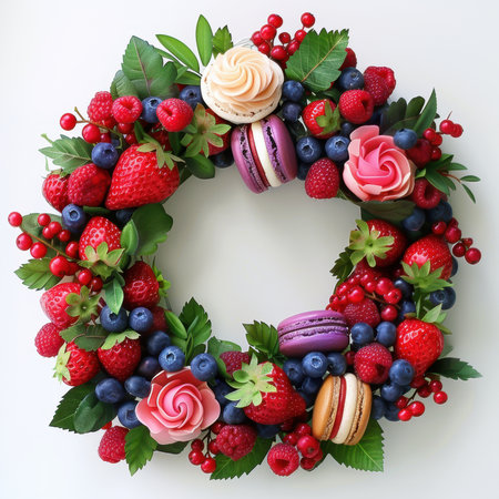 Wreath Strawberries Blueberries Raspberries Macaroons White Backgroundの素材
