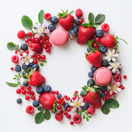 Wreath Strawberries Blueberries Raspberries Macaroons White Backgroundの素材