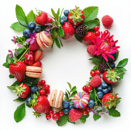 Wreath Strawberries Blueberries Raspberries Macaroons White Backgroundの素材