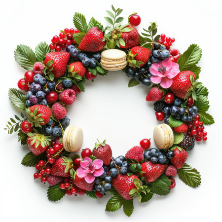 Wreath Strawberries Blueberries Raspberries Macaroons White Backgroundの素材