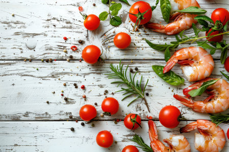 Shrimp Herbs Cherry Tomatoes Rustic White Wood Overhead View Fresh Ingredientsの素材