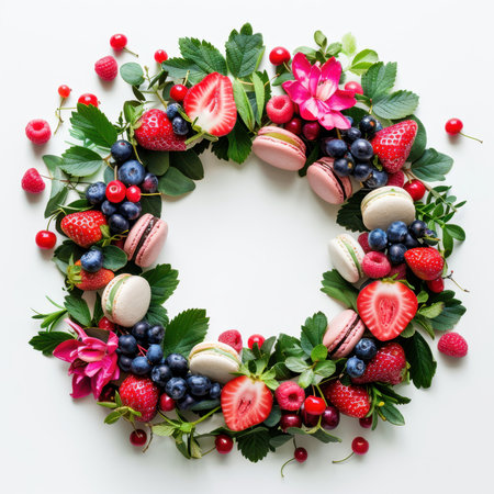 Wreath Strawberries Blueberries Raspberries Macaroons White Backgroundの素材