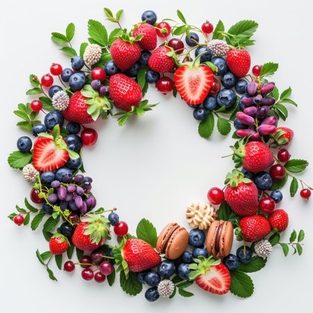 Wreath Strawberries Blueberries Raspberries Macaroons White Backgroundの素材