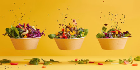 Floating Paper Food Bowls Plant Based Arrachera Playful Artistic Yellow Backgroundの素材