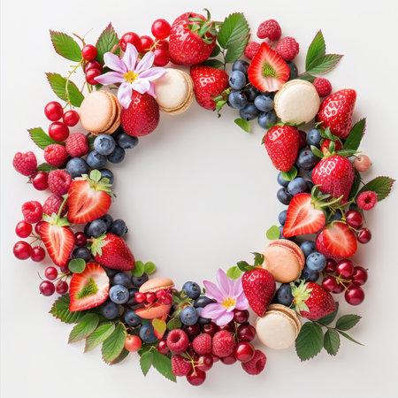 Wreath Strawberries Blueberries Raspberries Macaroons White Backgroundの素材