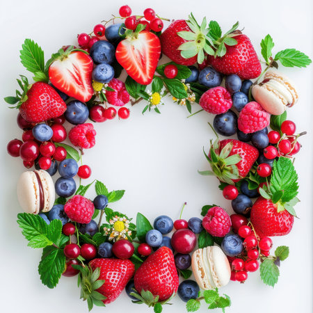 Wreath Strawberries Blueberries Raspberries Macaroons White Backgroundの素材