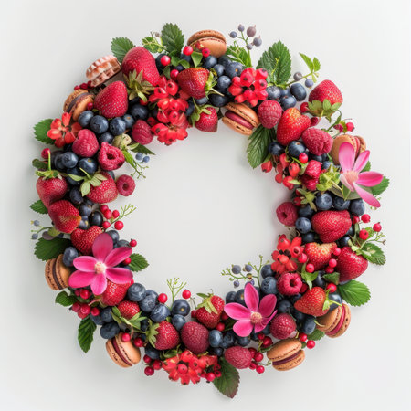 Wreath Strawberries Blueberries Raspberries Macaroons White Backgroundの素材