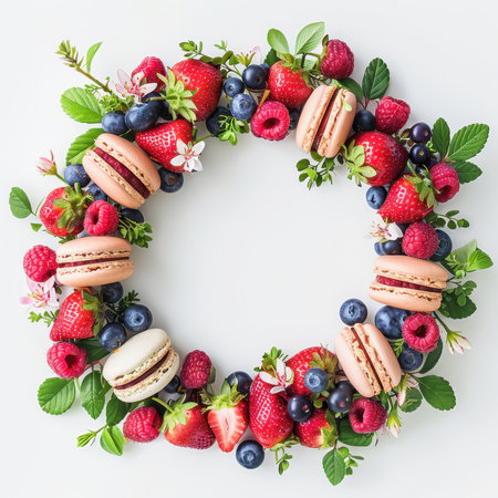 Wreath Strawberries Blueberries Raspberries Macaroons White Backgroundの素材
