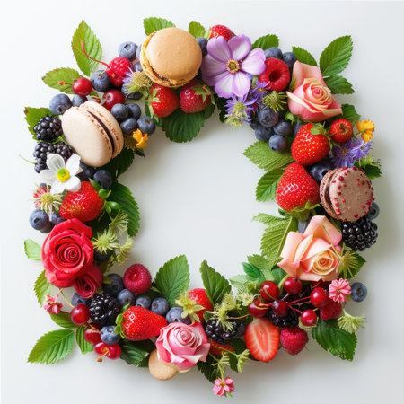 Wreath Strawberries Blueberries Raspberries Macaroons White Backgroundの素材