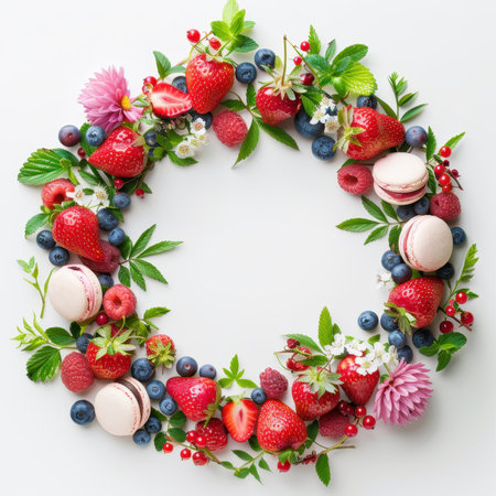 Wreath Strawberries Blueberries Raspberries Macaroons White Backgroundの素材