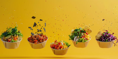 Floating Paper Food Bowls Plant Based Arrachera Playful Artistic Yellow Backgroundの素材