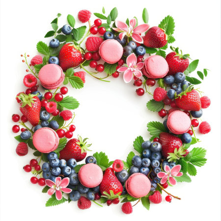 Wreath Strawberries Blueberries Raspberries Macaroons White Backgroundの素材