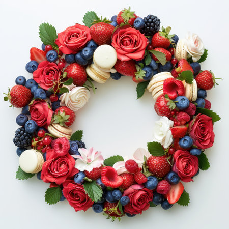 Wreath Strawberries Blueberries Raspberries Macaroons White Backgroundの素材