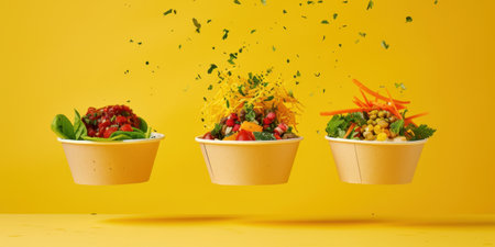 Floating Paper Food Bowls Plant Based Arrachera Playful Artistic Yellow Backgroundの素材
