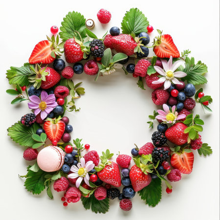 Wreath Strawberries Blueberries Raspberries Macaroons White Backgroundの素材