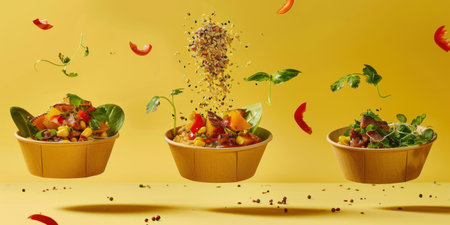 Floating Paper Food Bowls Plant Based Arrachera Playful Artistic Yellow Backgroundの素材