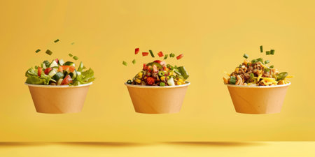 Floating Paper Food Bowls Plant Based Arrachera Playful Artistic Yellow Backgroundの素材