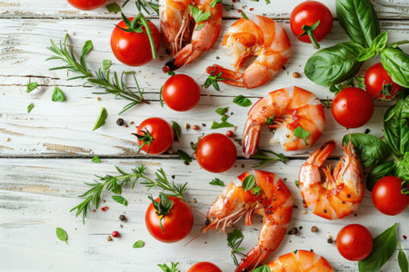 Shrimp Herbs Cherry Tomatoes Rustic White Wood Overhead View Fresh Ingredientsの素材
