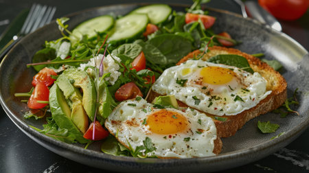 Over Easy Eggs Avocado Spinach Toast Greek Yogurt Cucumber Breakfastの素材