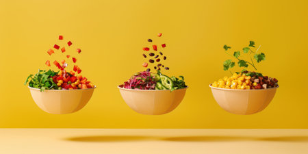 Floating Paper Food Bowls Plant Based Arrachera Playful Artistic Yellow Backgroundの素材