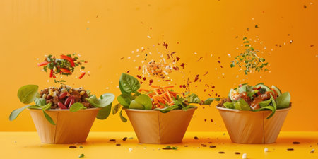 Floating Paper Food Bowls Plant Based Arrachera Playful Artistic Yellow Backgroundの素材