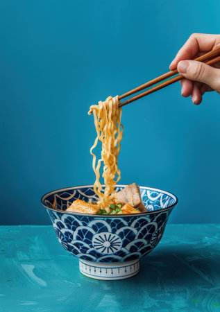 Hand Holding Chopsticks Ramen Bowl Blue Background Food Photo Advertising Posterの素材