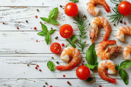 Shrimp Herbs Cherry Tomatoes Rustic White Wood Overhead View Fresh Ingredientsの素材