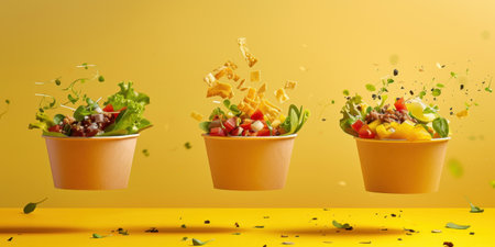 Floating Paper Food Bowls Plant Based Arrachera Playful Artistic Yellow Backgroundの素材